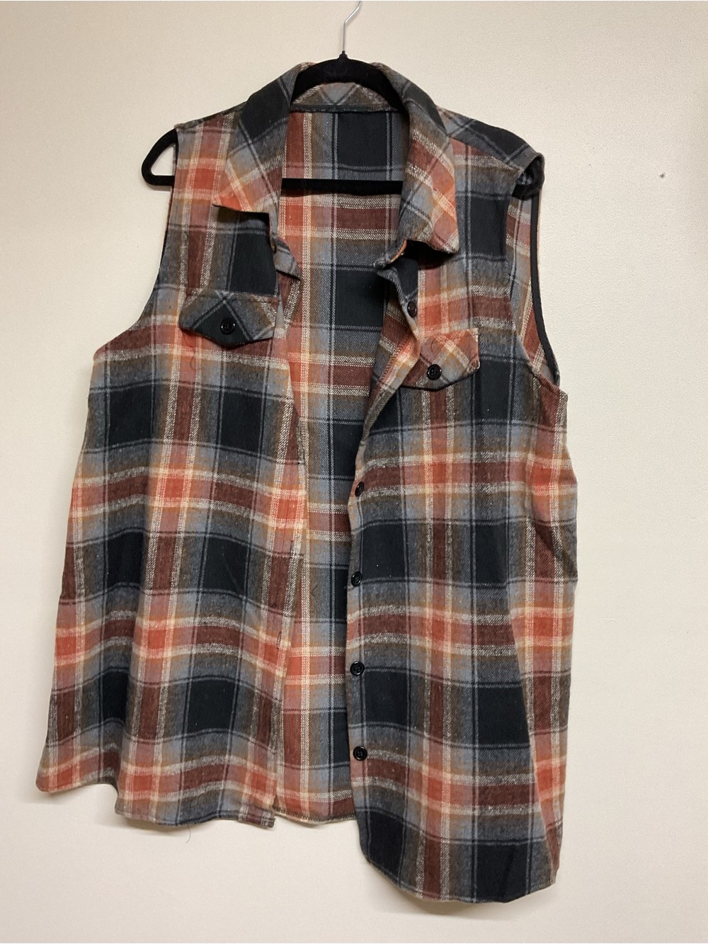 Sleeveless Plaid Button-Front Vest - Black, Brown & Orange